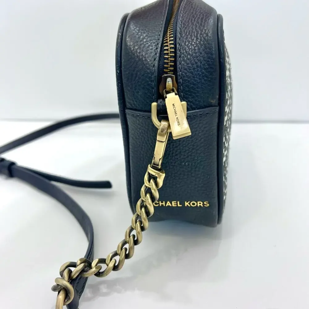 Michael Kors Ginny Camera Crossbody Bag Woven Intrecciato Chevron Leather Navy